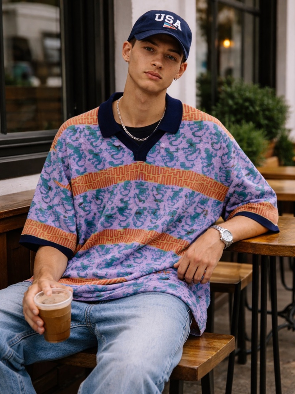 Pleasures Oversized Knit Polo XXL Abstract Graphic Cotton Knit Shirt